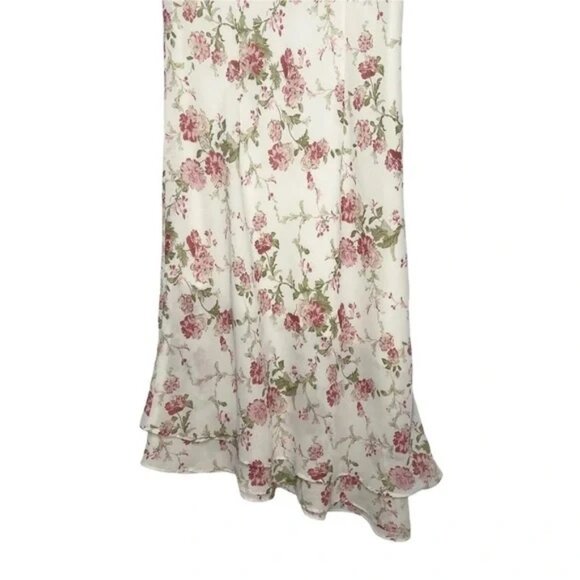 ๐ธ Vintage White Floral Midi Dress V Neck Slant Hem Romantic Cottagecore Sz 8 - Picture 7 of 9